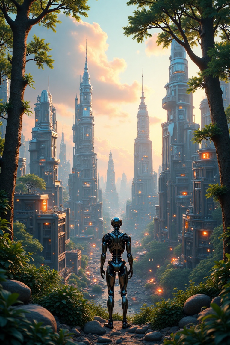 A futuristic cityscape with towering buildings,  sleek and metallic,  reflecting the vibrant colors of the sky. In the for...
