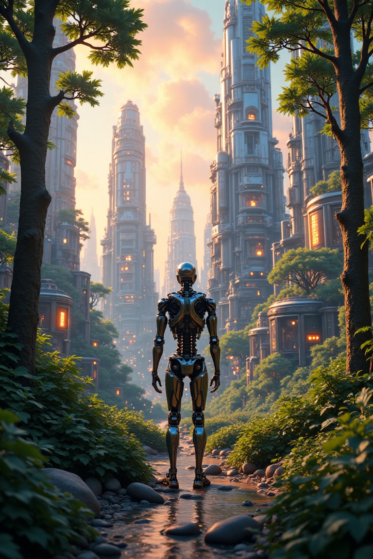 A futuristic cityscape with towering buildings,  sleek and metallic,  reflecting the vibrant colors of the sky. In the for...