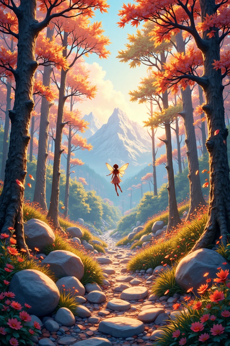 A vibrant realcartoon scene with a clear sky,  set in an autumn forest. The forest floor is adorned with colourful stones,...