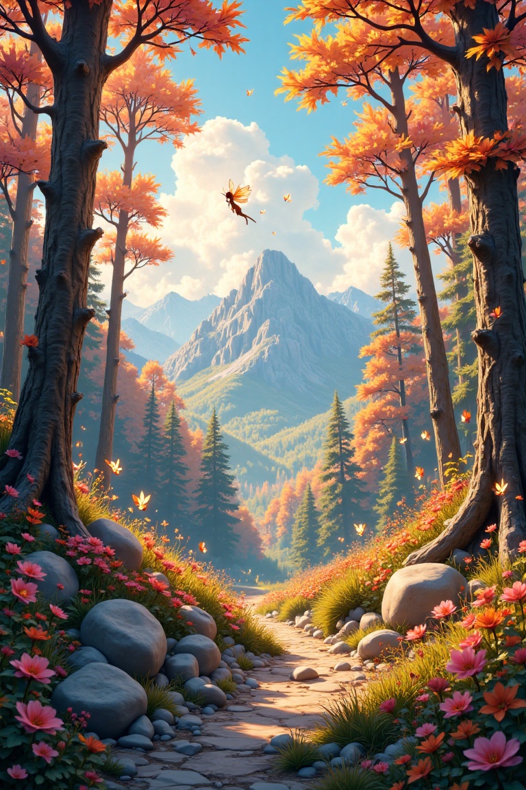 A vibrant realcartoon scene with a clear sky,  set in an autumn forest. The forest floor is adorned with colourful stones,...