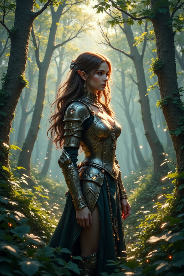 An elf woman in medieval armor stands elegantly in a dense forest,  her armor adorned with sparkling gemstones that catch...