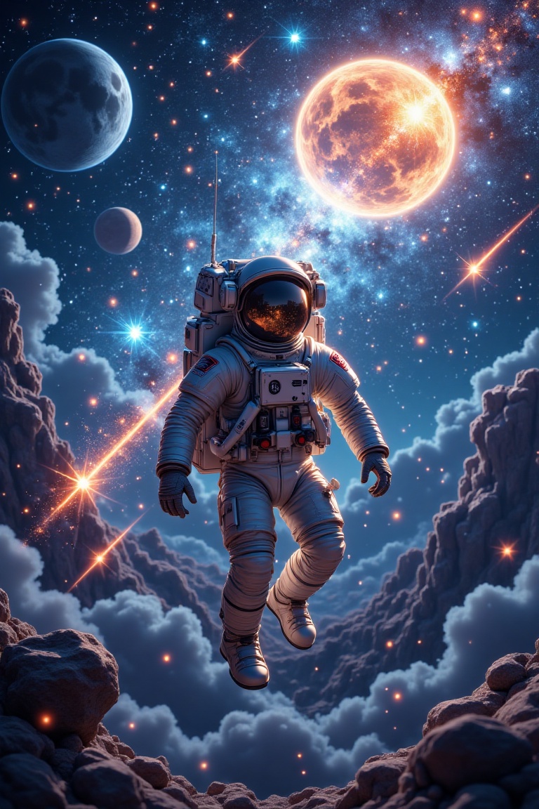 A realcartoon scene captures an astronaut floating in space,  surrounded by a dazzling meteor shower. The astronaut is fra...