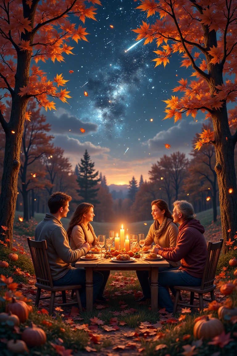 A serene Thanksgiving day scene captures a family gathered around a rustic table,  surrounded by a carpet of colorful leav...