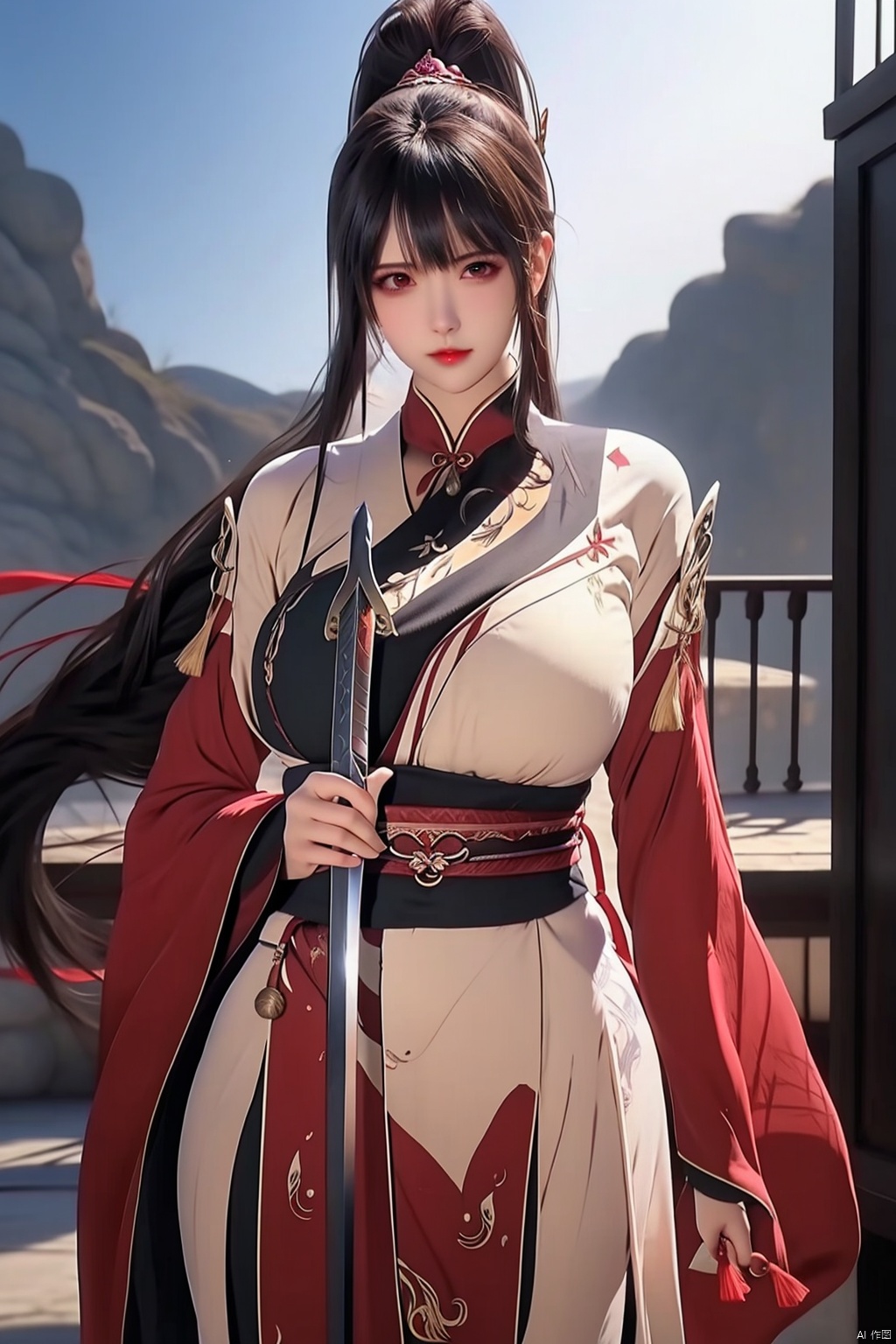 1girl
solo
long hair
breasts
looking at viewer
bangs
hair ornament
holding
ponytail
weapon
sword
holding weapon
huge breasts
hand on hip
holding sword
hair stick



