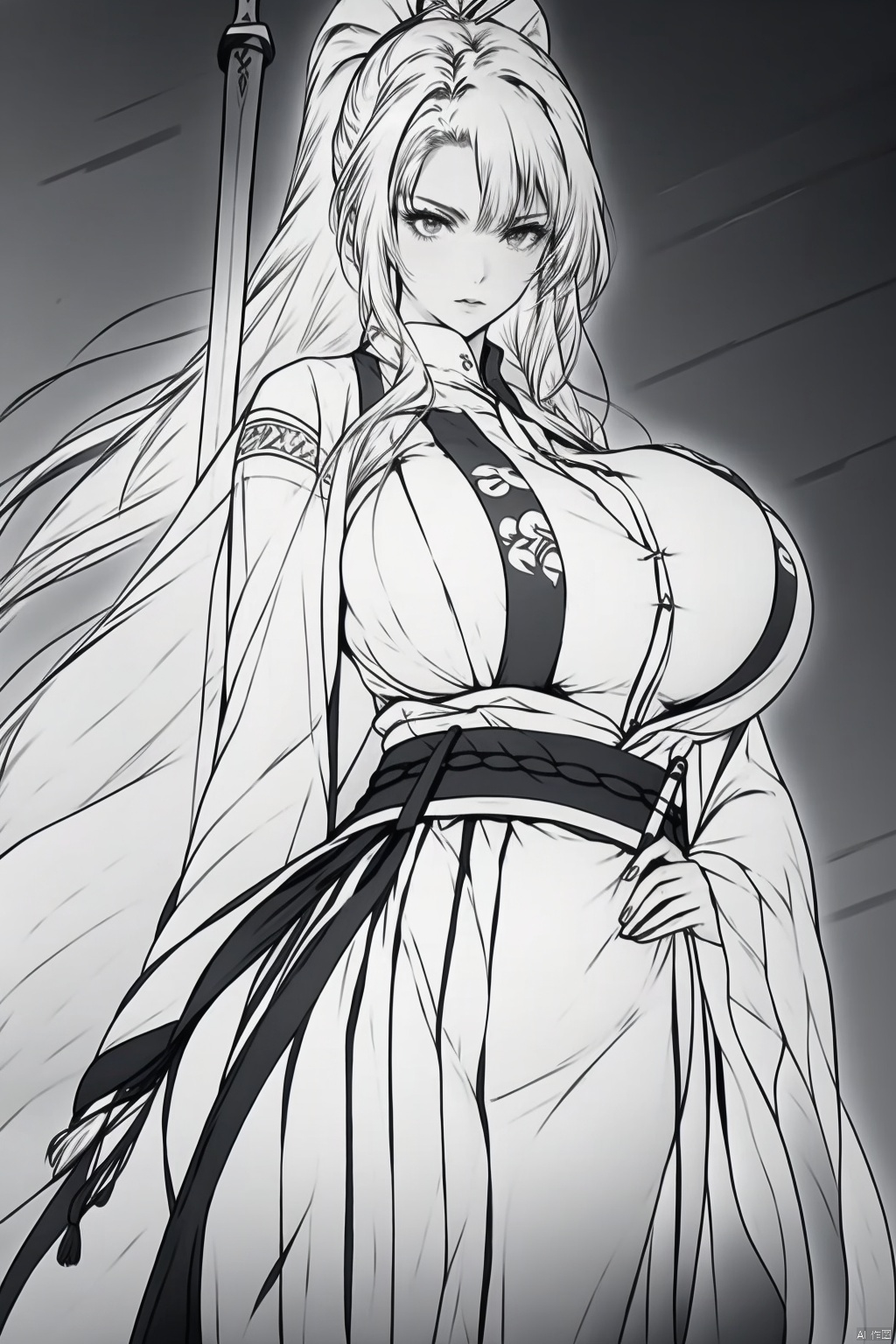 1girl
solo
long hair
breasts
looking at viewer
bangs
hair ornament
holding
monochrome
ponytail
weapon
greyscale
sword
holding weapon
huge breasts
hand on hip
holding sword
hair stick



