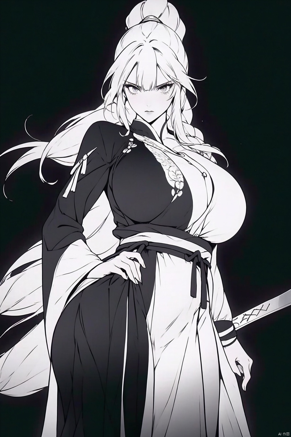 1girl
solo
long hair
breasts
looking at viewer
bangs
hair ornament
holding
monochrome
ponytail
weapon
greyscale
sword
holding weapon
huge breasts
hand on hip
holding sword
hair stick



