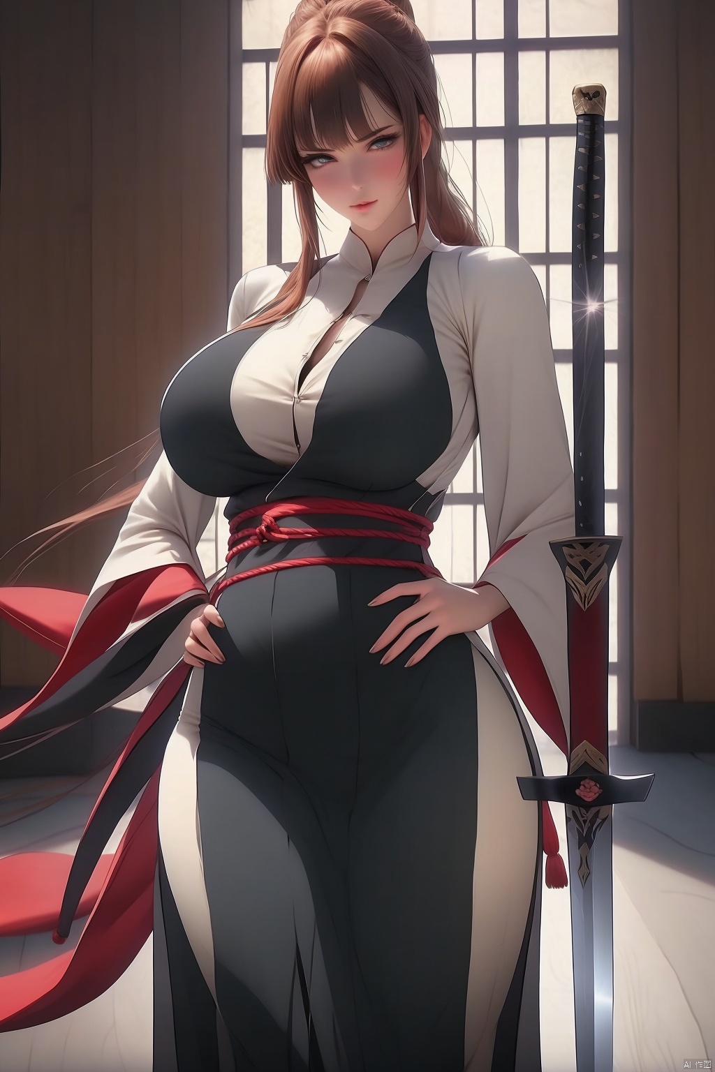 1girl
solo
long hair
breasts
looking at viewer
bangs
hair ornament
holding
ponytail
weapon
sword
holding weapon
huge breasts
hand on hip
holding sword
hair stick



