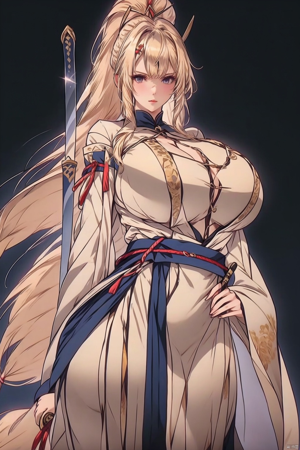 1girl
solo
long hair
breasts
looking at viewer
bangs
hair ornament
holding
ponytail
weapon
sword
holding weapon
huge breasts
hand on hip
holding sword
hair stick



