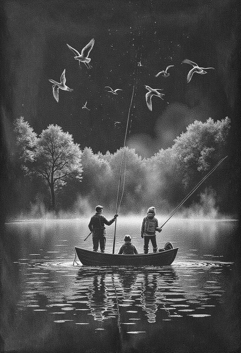 A chalk drawing on a chalkboard of a group of fishermen casting their lines from a small wooden boat on a calm lake. The e...