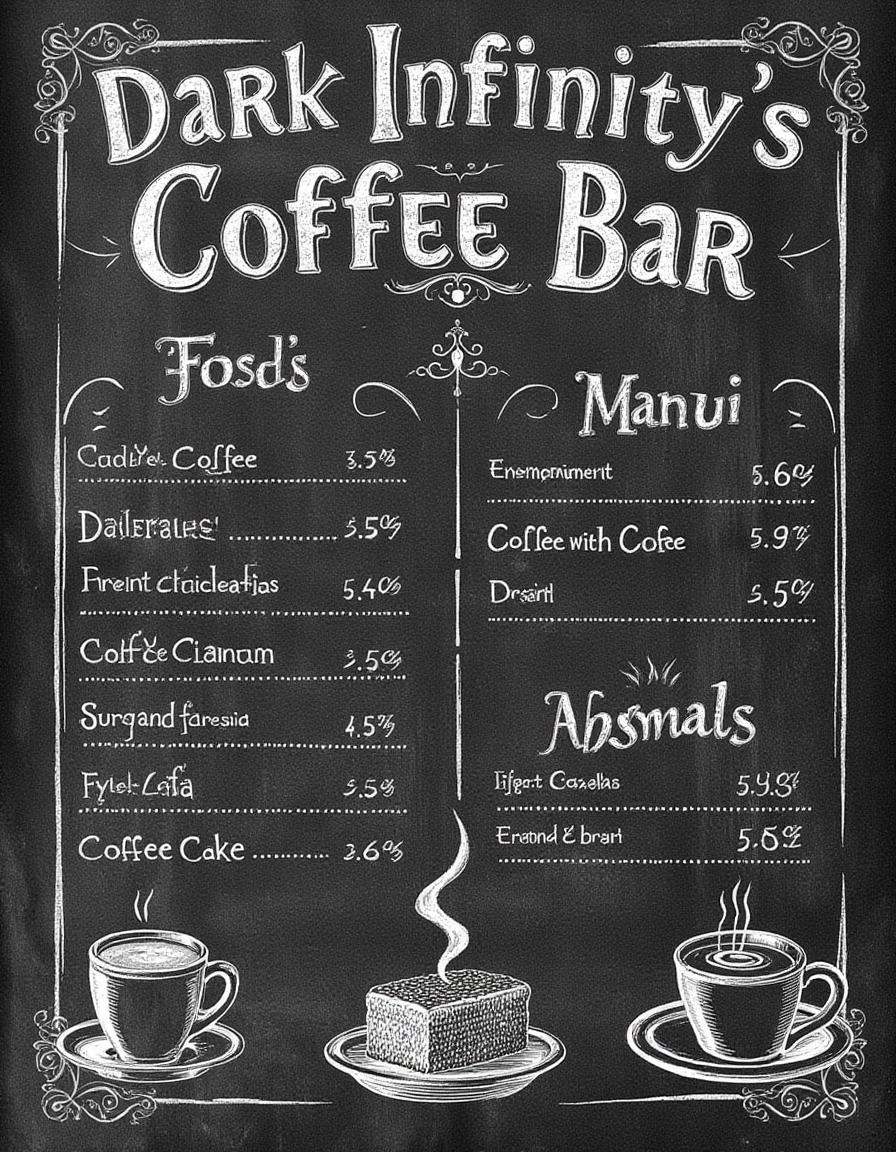 anatomica-chalk,  a chalk drawing of a coffee shop menu. The Menu has items like "Fresh Coffee" and "Coffee with Cream" an...