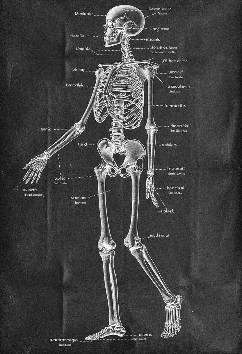A drawing of the Human skeletal system,  showing a full-body side view of the skeleton from the skull to the toes,  with d...