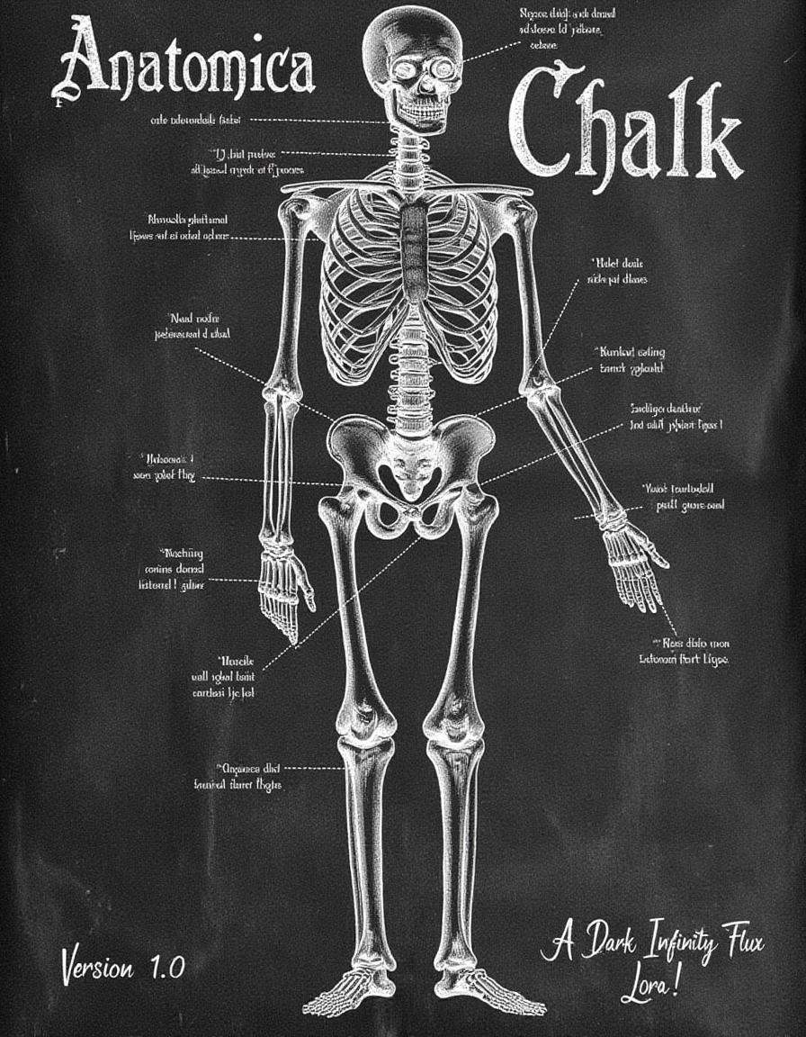 anatomica-chalk,  a chalk anatomical drawing of a skeleton with various labels and items of interest pointed out. "Anatomi...