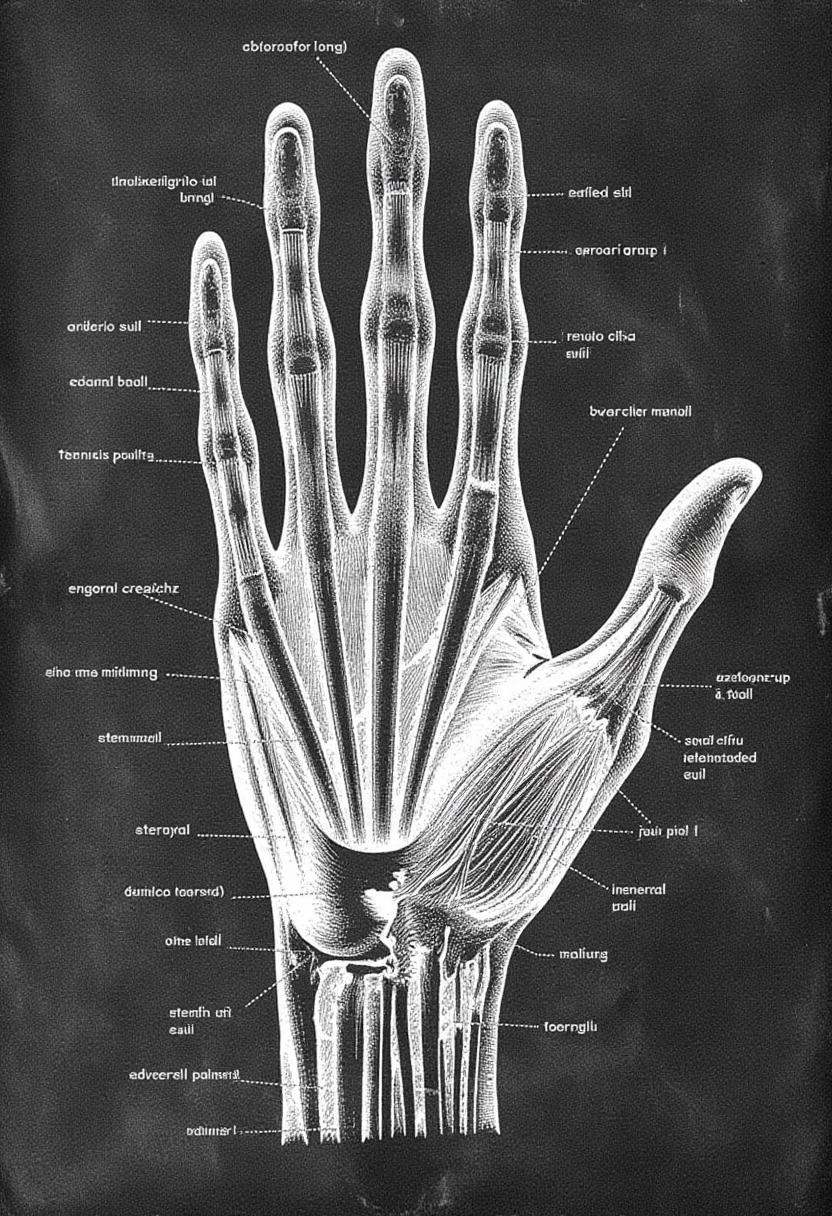 A drawing of the Human hand muscles,  showing the intricate musculature and tendons of the hand and fingers,  including th...