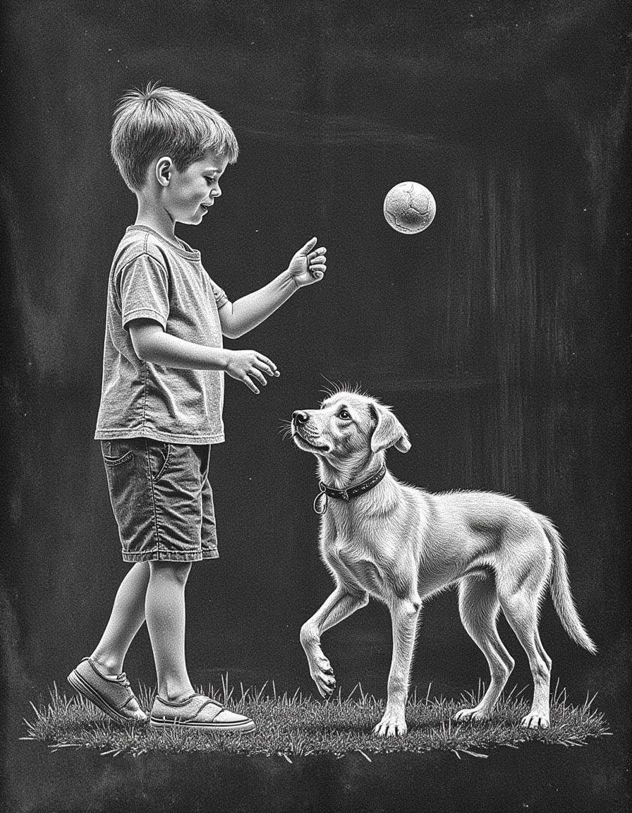 anatomica-chalk,  a chalk drawing of a boy playing fetch with his dog. The boy tosses a ball and the dog goes to get it. o...