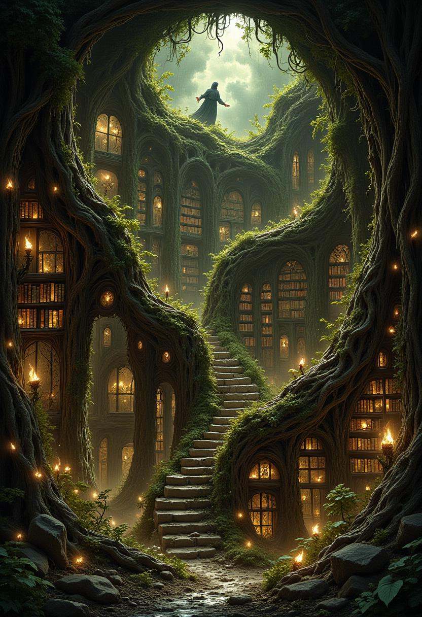 A massive library carved inside a living tree,  its shelves spiraling upward along the trunk,  filled with glowing books t...