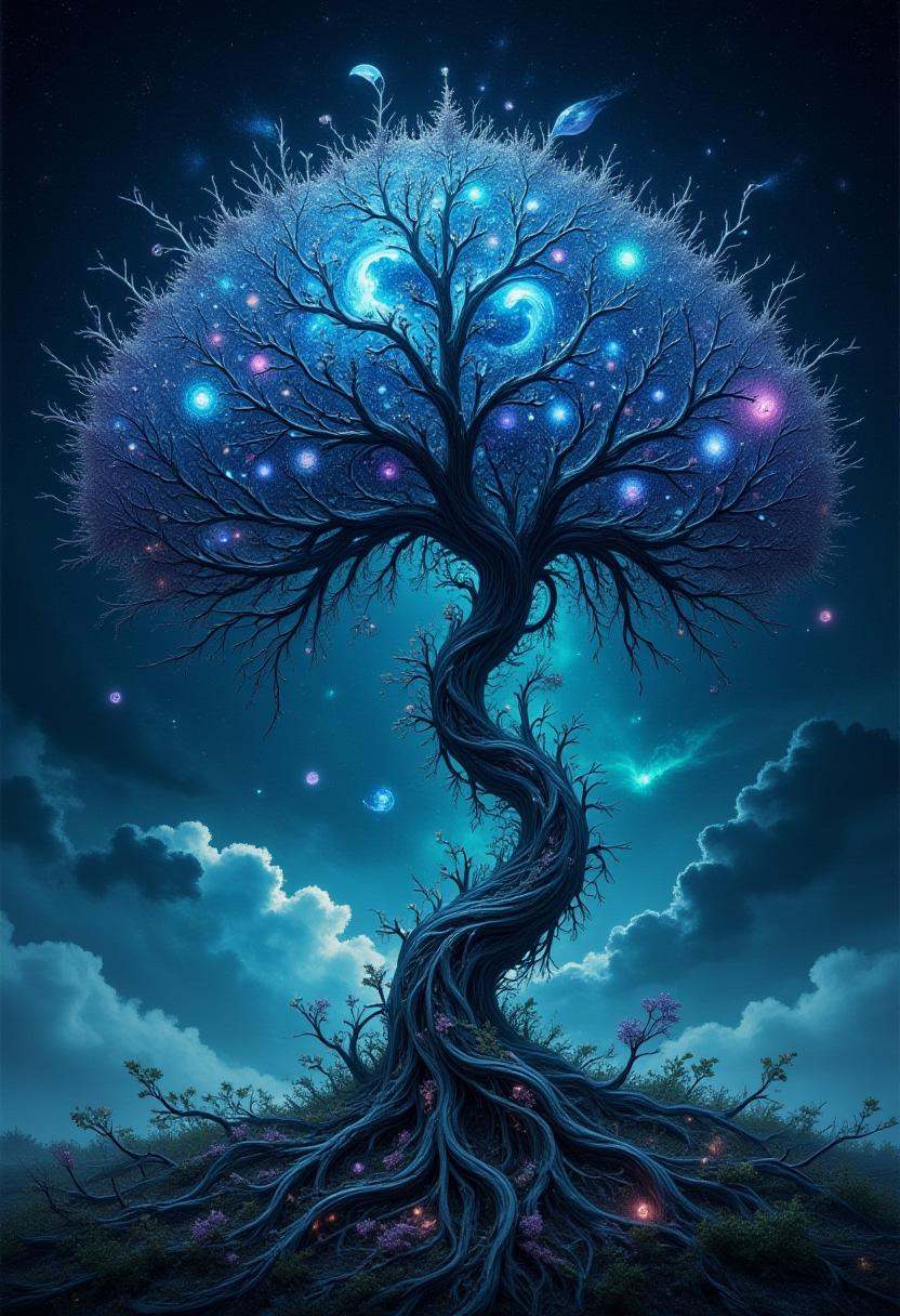 A tree whose leaves are made of tiny galaxies,  its branches stretch into the sky like roots, on Tensor.Art