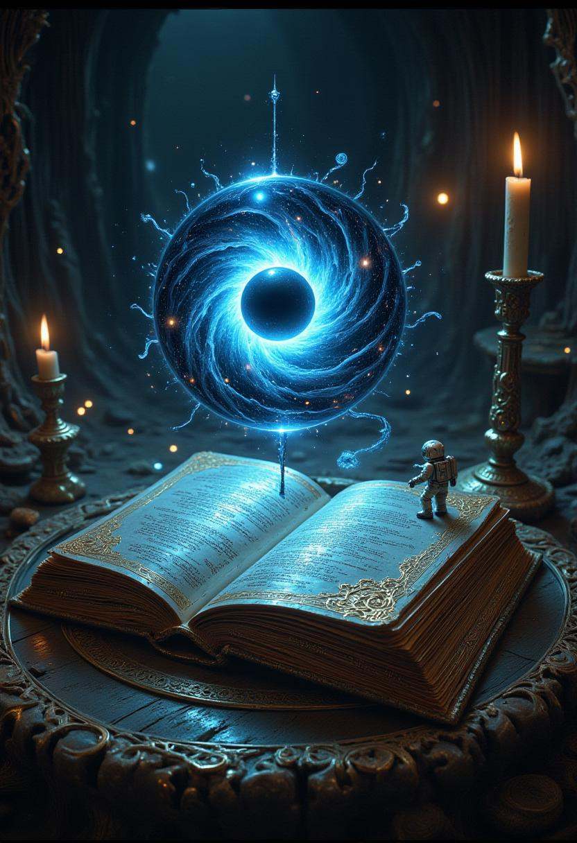 An ancient,  ornate tome lies open on a weathered wooden table,  its gilded pages unfurling into a swirling tapestry of co...