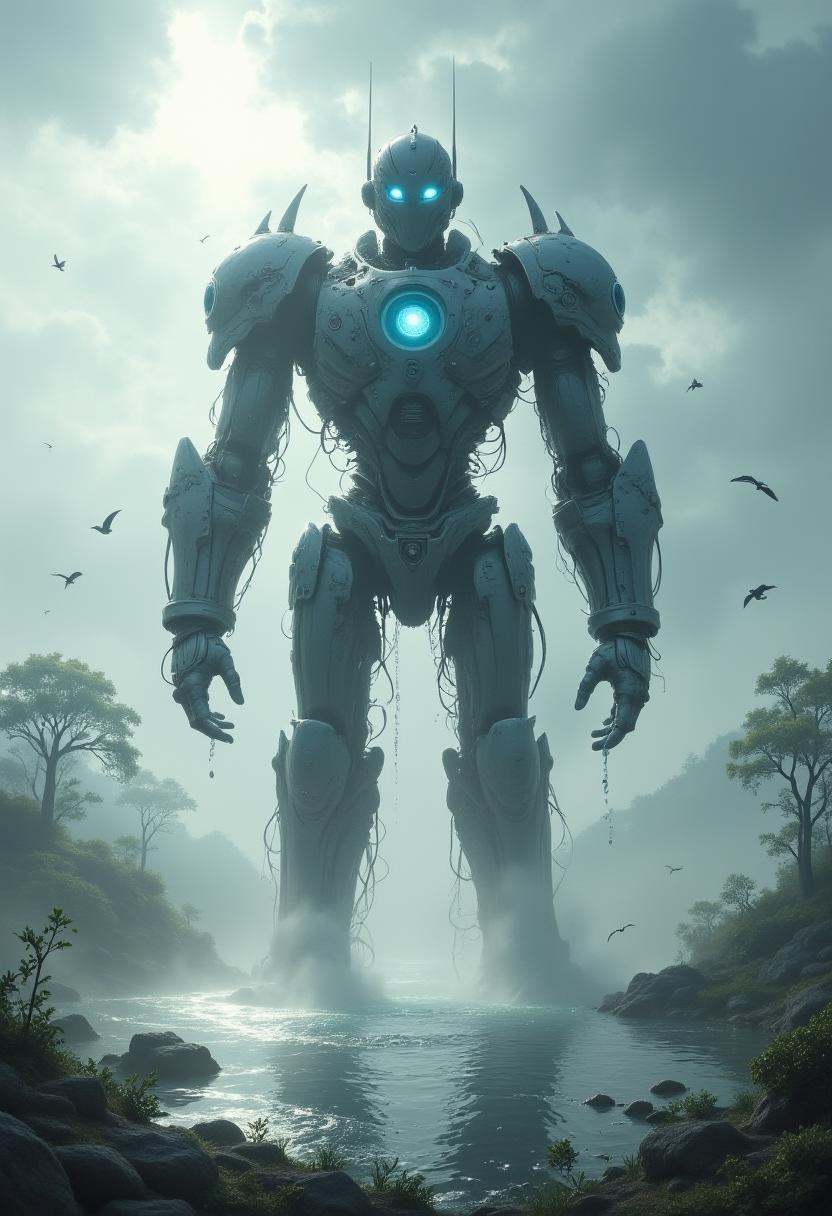 A giant robotic titan emerging from a fog-covered lake at dawn,  water cascading off its massive,  armored limbs. Its eyes...