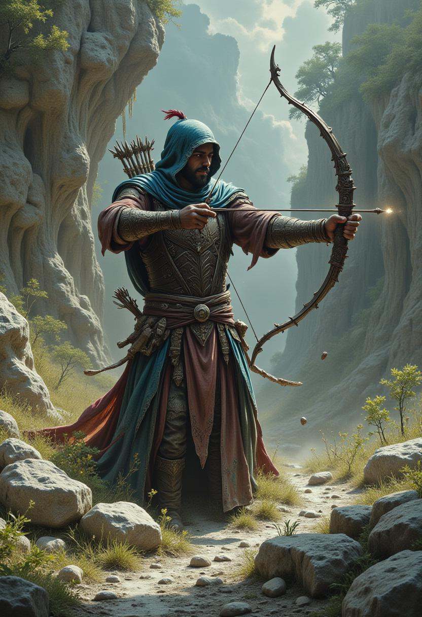 A character practices archery,  hitting an unintended target that triggers a domino effect of mishaps., on Tensor.Art