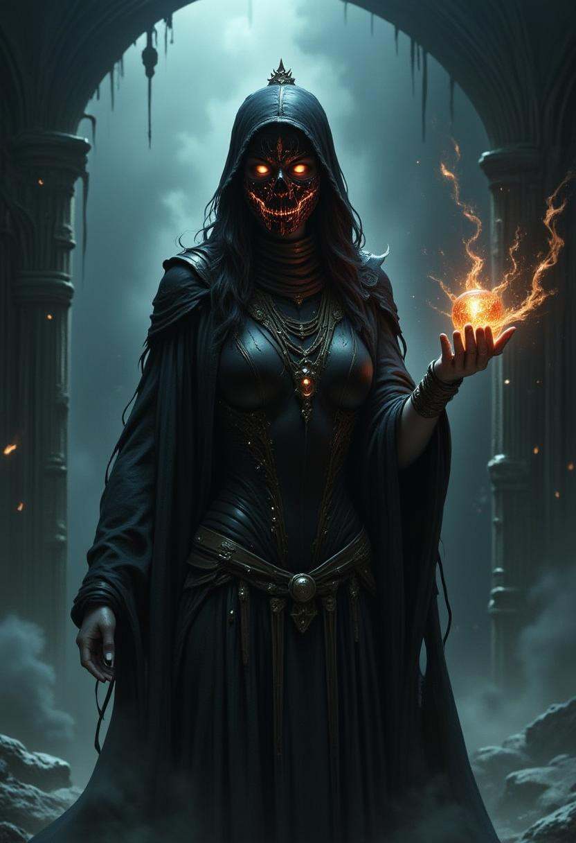 A hooded figure with a molten glass mask,  cracked and glowing from within,  holds a staff topped with a pulsating on Tens...