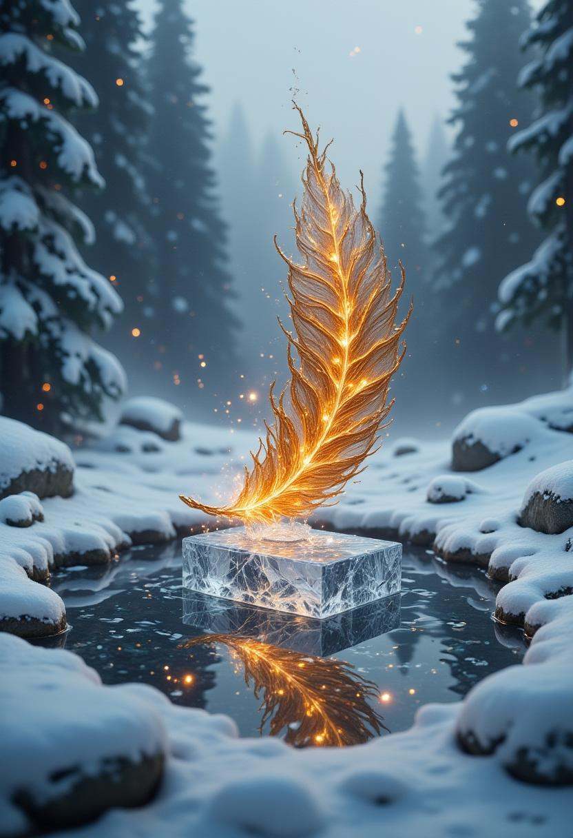 A solitary phoenix feather,  glowing like molten gold,  is encased within a block of perfectly clear ice on Tensor.Art