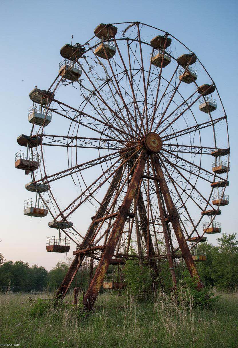 A rusted Ferris wheel towering over an abandoned carnival. The seats hang precariously,  some missing entirely,  while the...