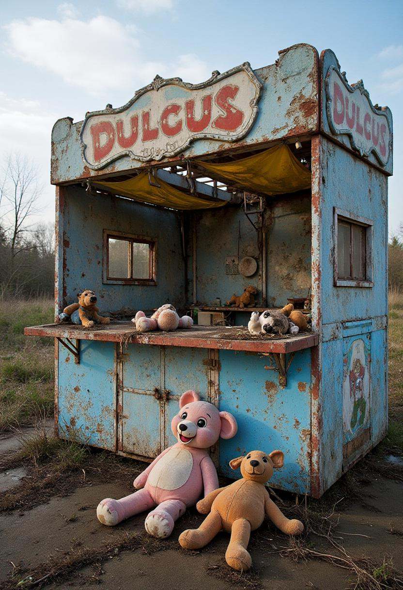 A broken-down carnival game booth,  the prizes long gone and the paint peeling from the walls. The once vibrant stuffed an...