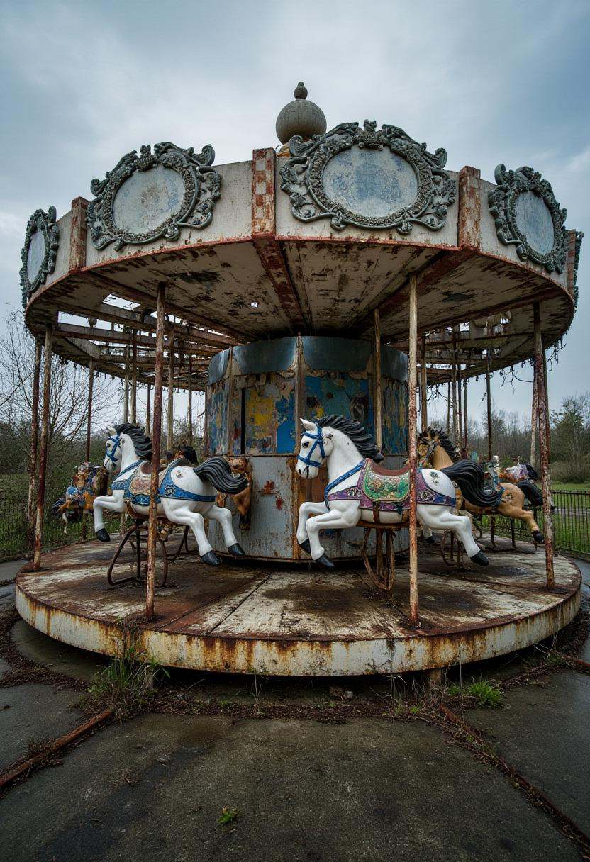 A decrepit carousel with faded,  peeling paint on the horses,  overgrown with weeds and moss. The surrounding ground is cr...