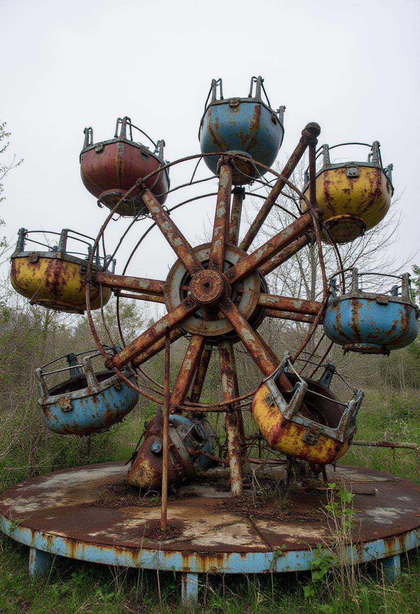 A rusting tilt-a-whirl ride,  its metal floor dented and corroded. The colorful pods are faded and cracked,  some tipped o...