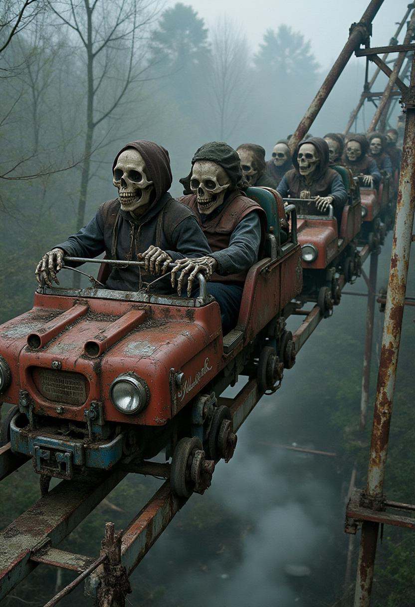 abndnd_plcs_prks,  An old roller coaster where the track has collapsed,  leaving the cars dangling precariously over a dee...