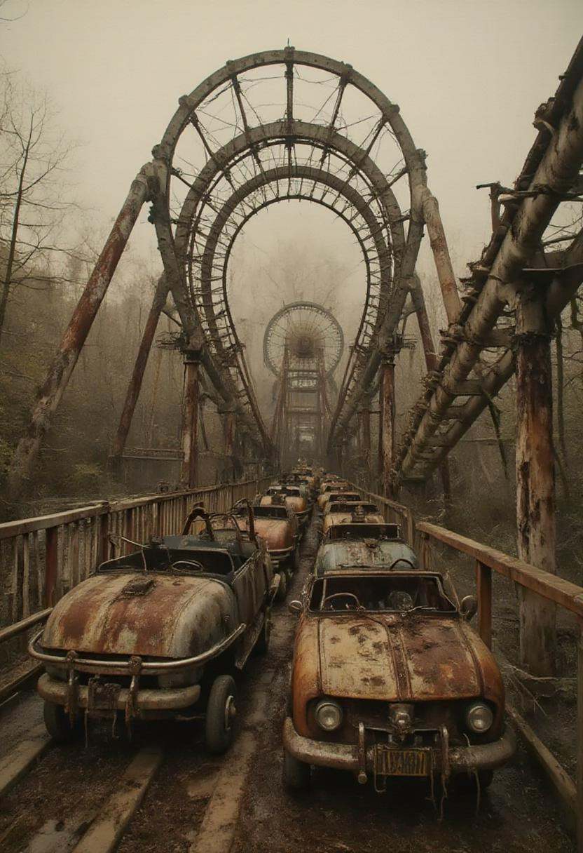 abndnd_plcs_prks,  An old wooden roller coaster,  its once-mighty frame now sagging and decayed. The tracks are warped and...