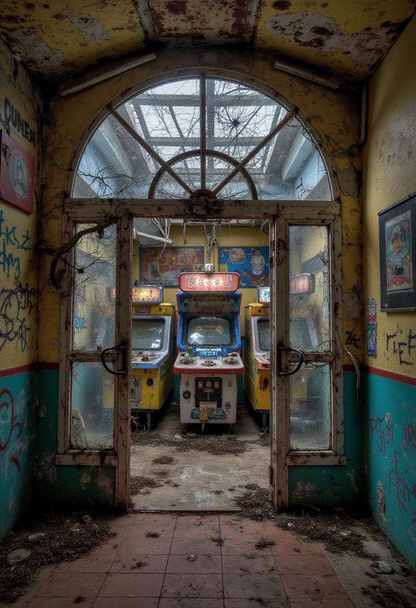 A derelict funhouse with a cracked mirror maze and decayed carnival lights. The entrance is blocked by fallen debris,  and...