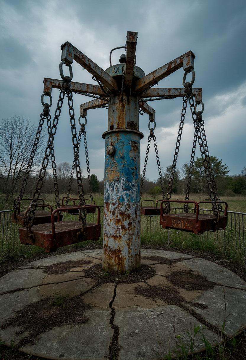 A forgotten swing ride with chains dangling loosely,  the seats rusting away. The central column is covered in graffiti,...