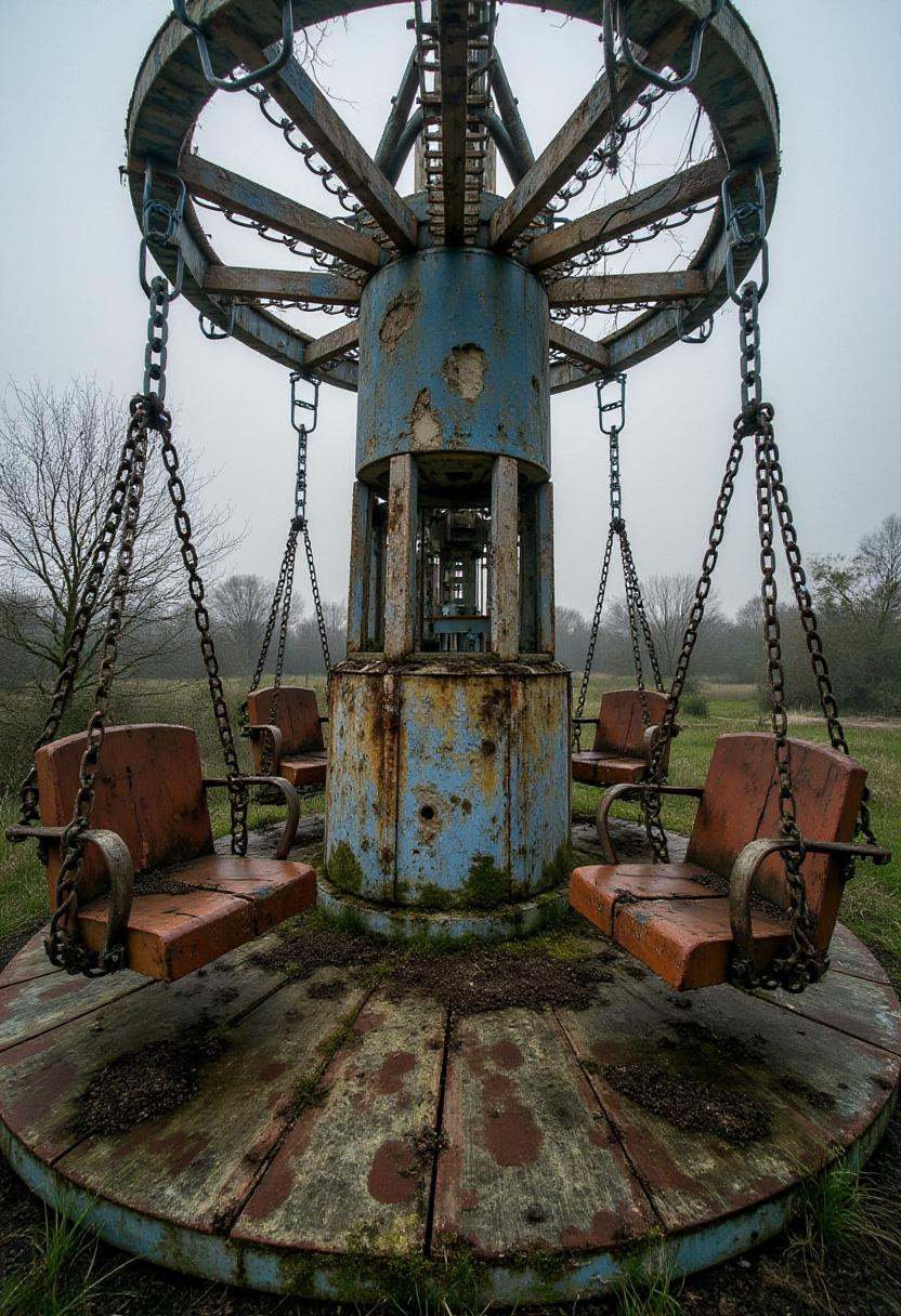 abndnd_plcs_prks,  A dilapidated swing ride,  its chains creaking and swaying in the wind. The wooden seats are cracked an...