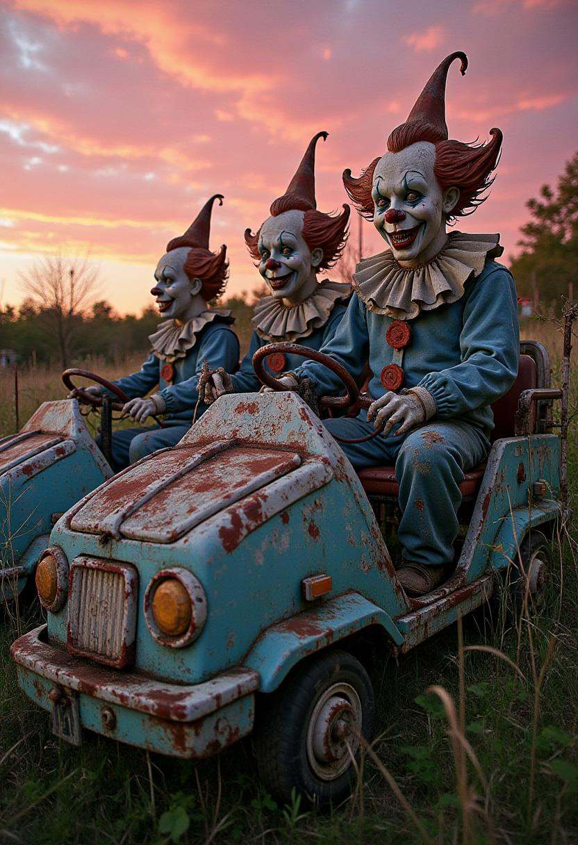 An eerie clown-themed ride with twisted,  rotting clown statues. The bright paint on the clowns has faded to a dull,  unse...