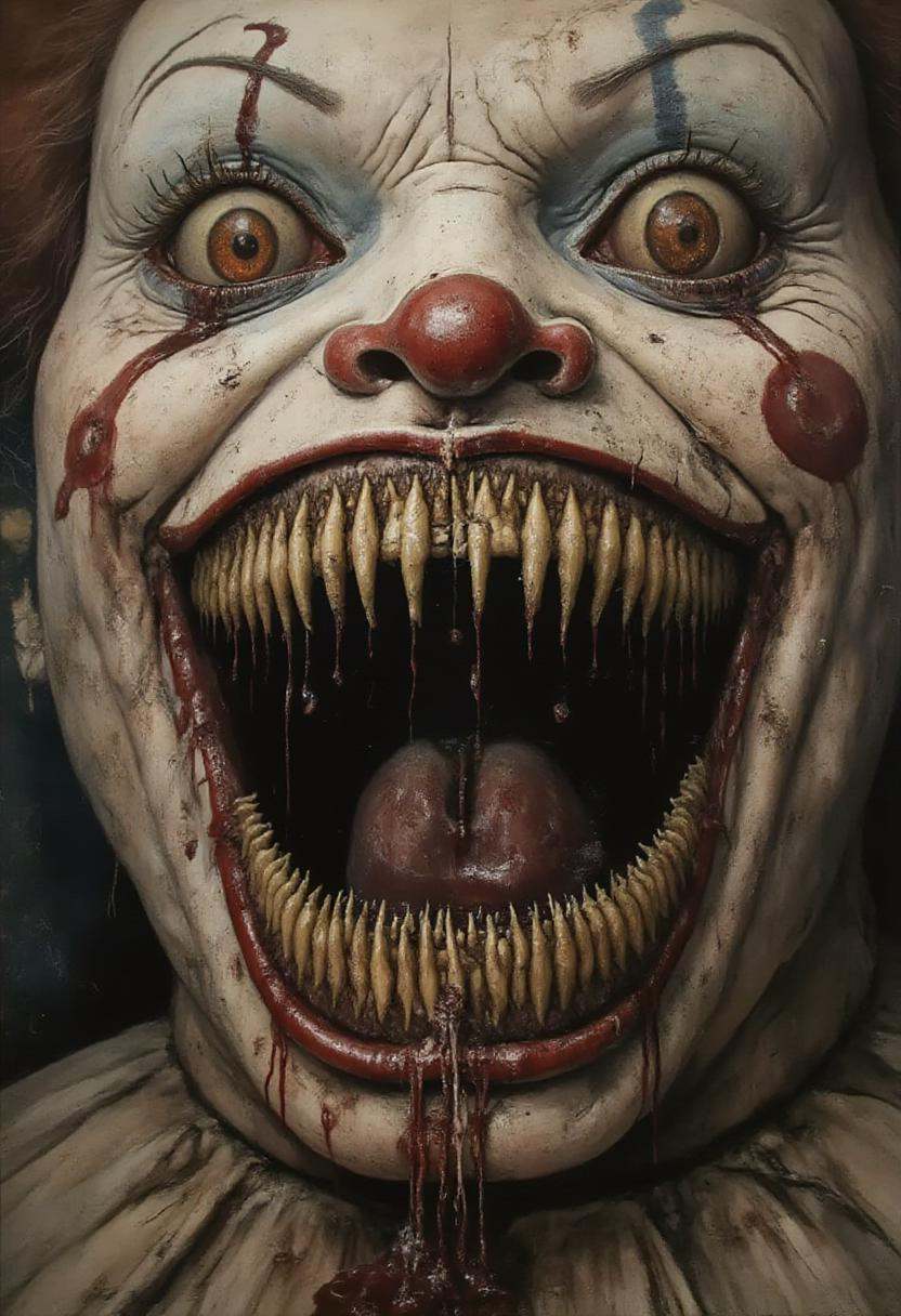 abndnd_plcs_prks,  A clown face funhouse entrance,  its paint peeling and its eyes glowing an unnatural red. The mouth on...