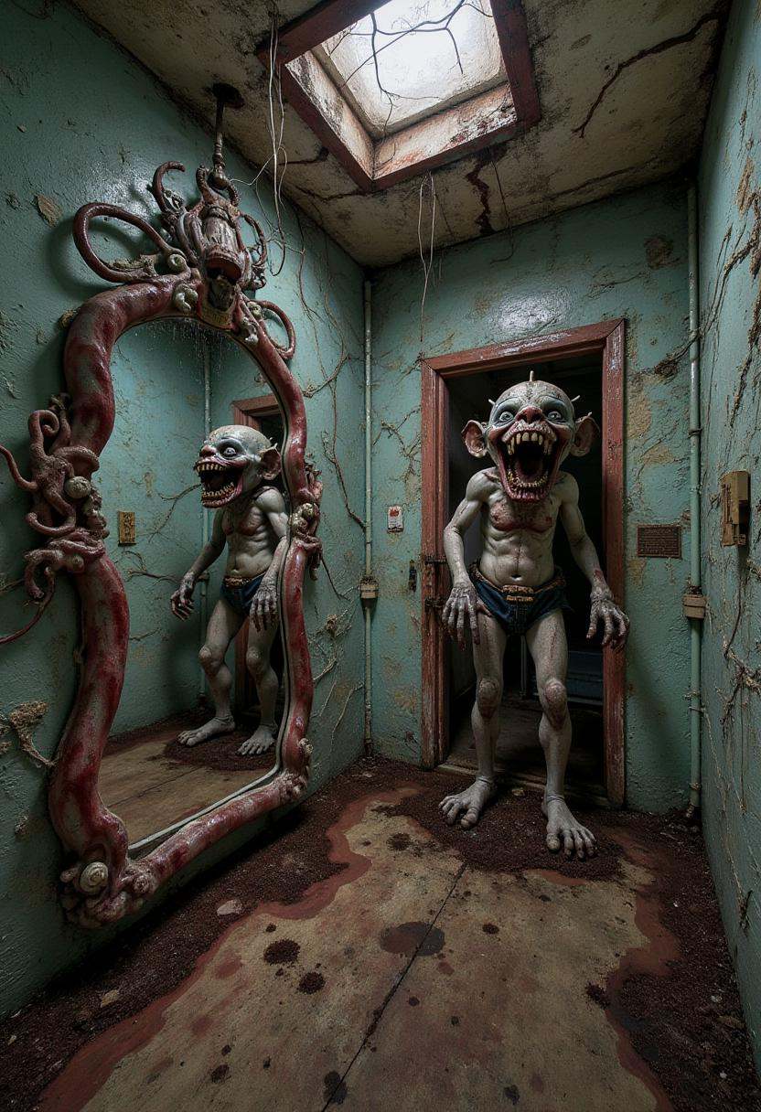 abndnd_plcs_prks,  An abandoned funhouse with walls that pulse as if alive,  covered in veins and fleshy tendrils. The air...