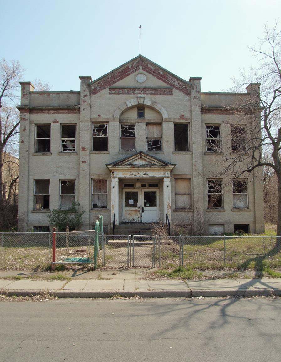 An empty elementary school building on a deserted street,  its playground rusting and overgrown. The front doors are padlo...