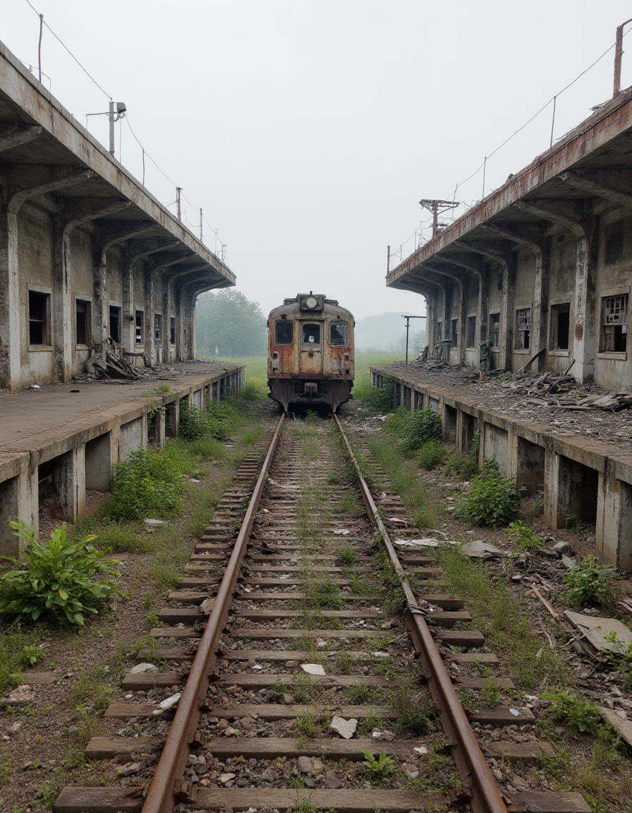 A once-busy train station now lies silent and abandoned. The tracks are overgrown with weeds,  and the platforms are cover...