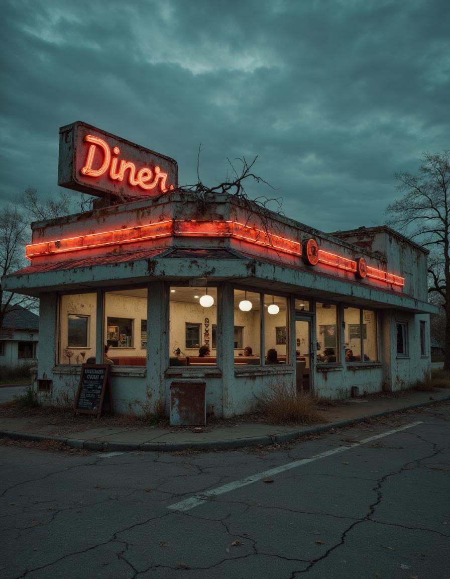 A crumbling diner on the corner of an empty intersection,  its neon sign barely flickering in the dim light. The windows a...
