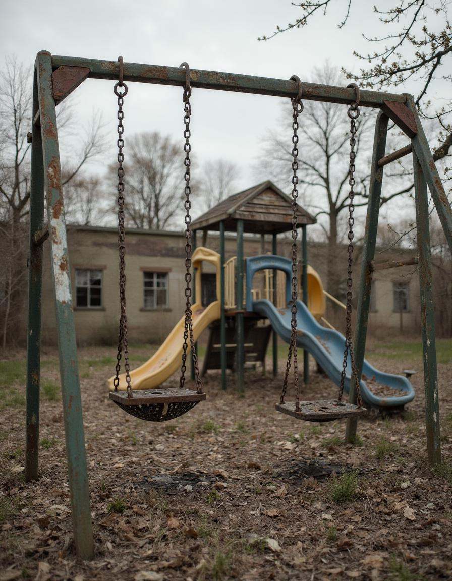 An empty playground at the edge of an abandoned school. The swings hang motionless in the wind,  their chains rusted and c...