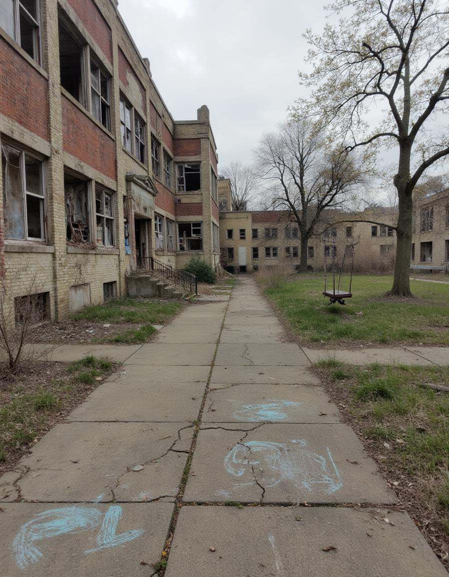 A decaying school building at the end of a quiet street,  its windows dark and shattered. Old,  faded chalk drawings can s...