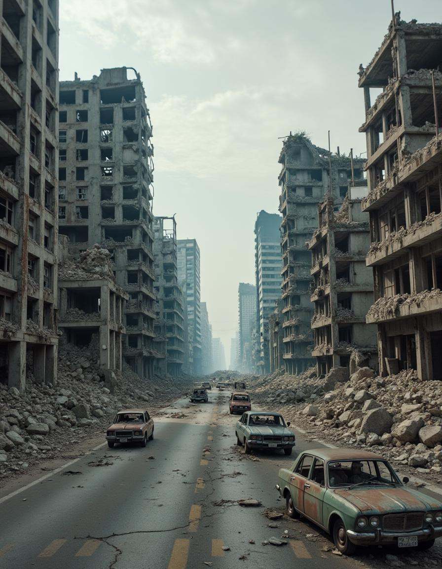A destroyed highway leading into a city,  with crumbling skyscrapers looming in the distance. The road is cracked and fill...