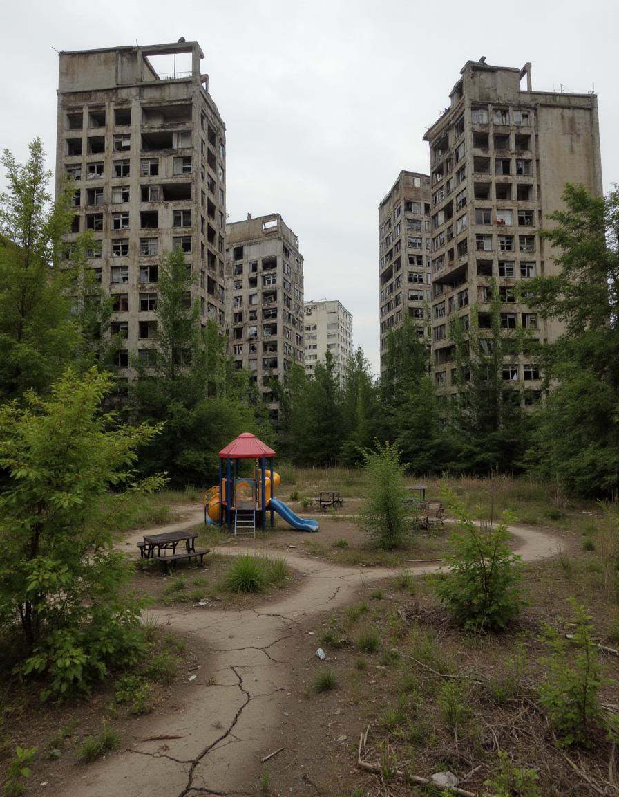 A landscape view of a large urban park,  now overgrown and abandoned. The walking paths are cracked,  and weeds have taken...