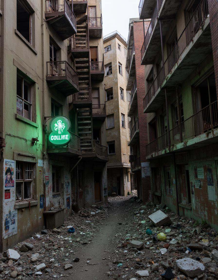 A narrow,  ruined alleyway between two tall,  abandoned buildings. The walls are covered in grime and old posters on Tenso...