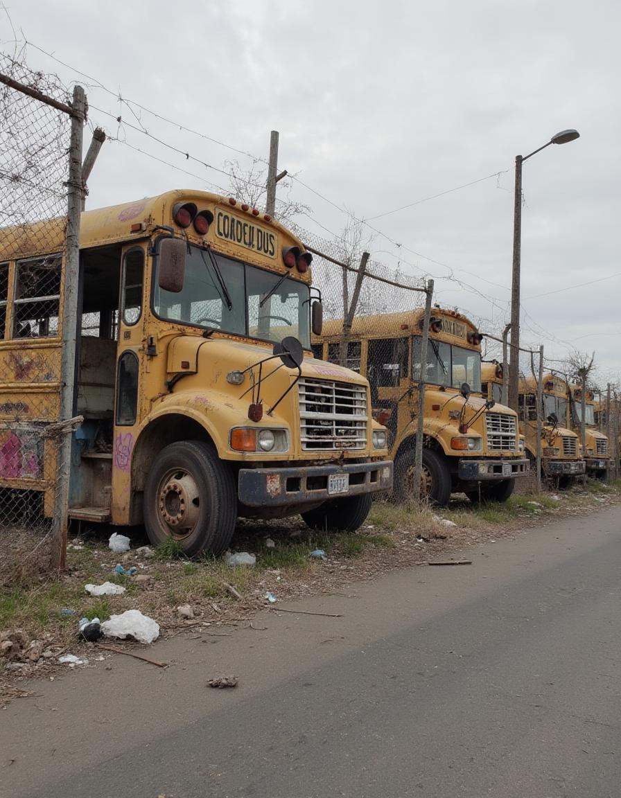 An abandoned school bus depot,  the buses rusting and lined up along the street. The fence surrounding the depot is broken...