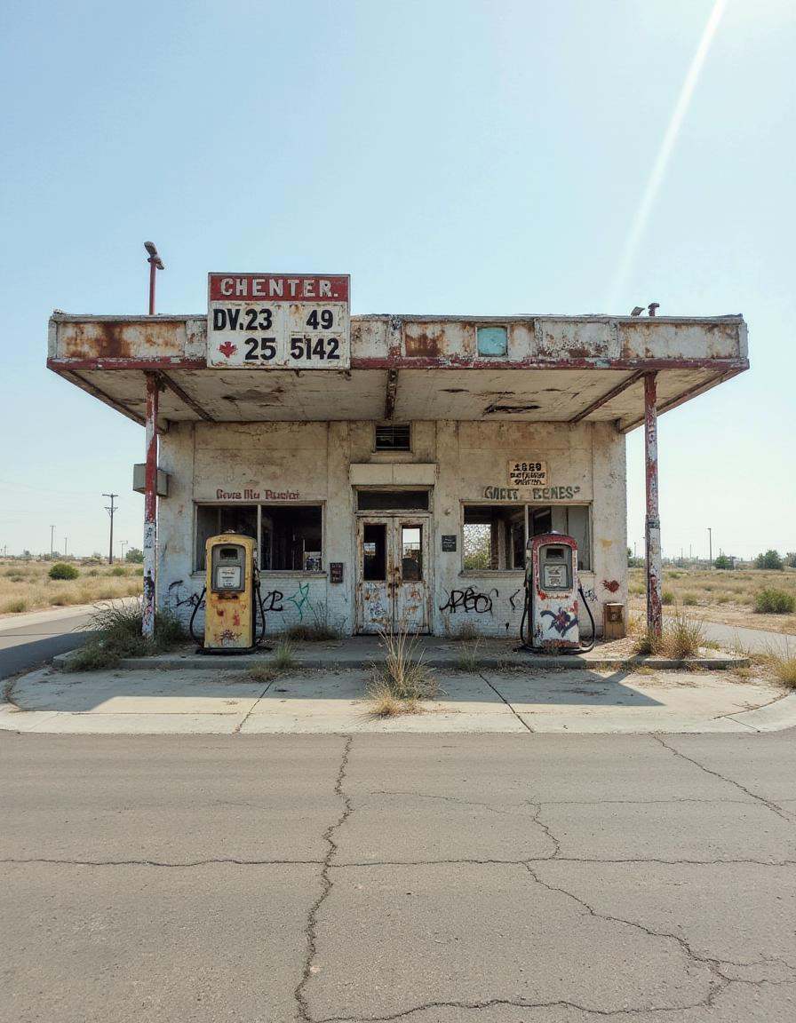 A forgotten gas station on a deserted road,  its pumps rusting and its windows shattered. The faded signs advertising long...