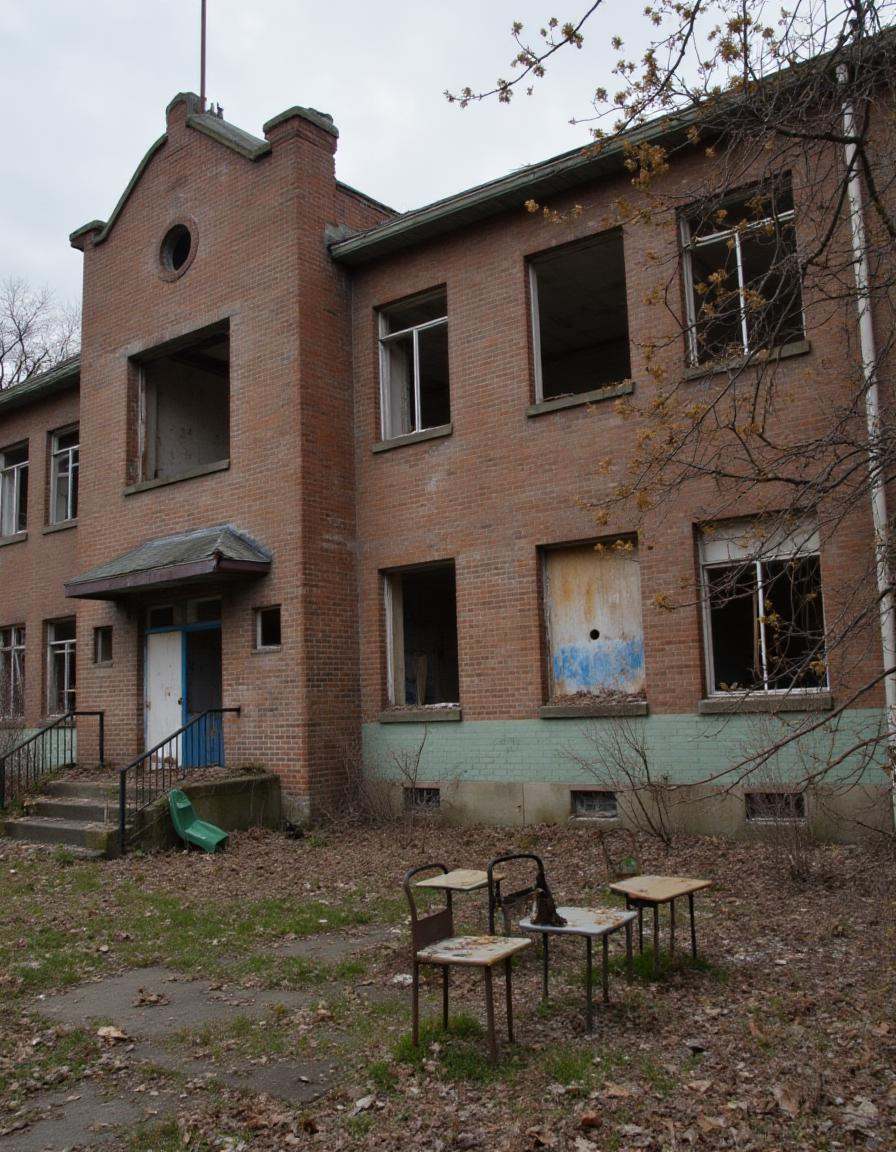 A forgotten school with its playground overrun by weeds. The front of the building is covered in cracked bricks,  and the...