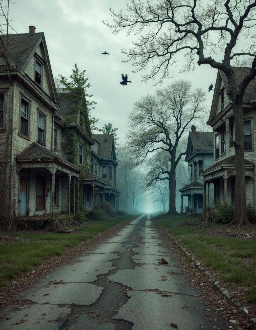 An eerie residential street in a small,  forgotten town. The houses are boarded up and overgrown with ivy,  and the lawns...