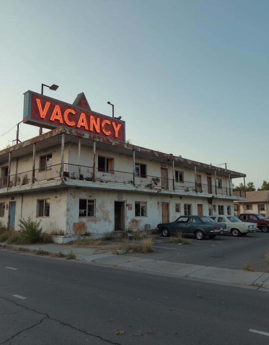 A deserted motel on the side of a highway,  its neon "Vacancy" sign broken and flickering. The parking lot is empty,  save...